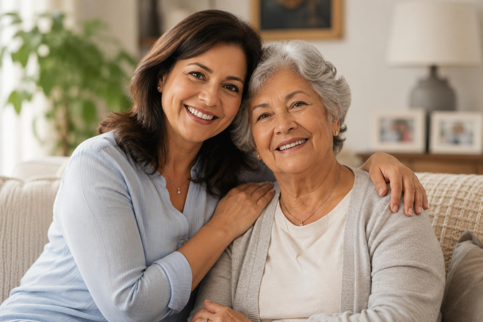 Adult daughter and her elderly mother smiling together on the sofa at home