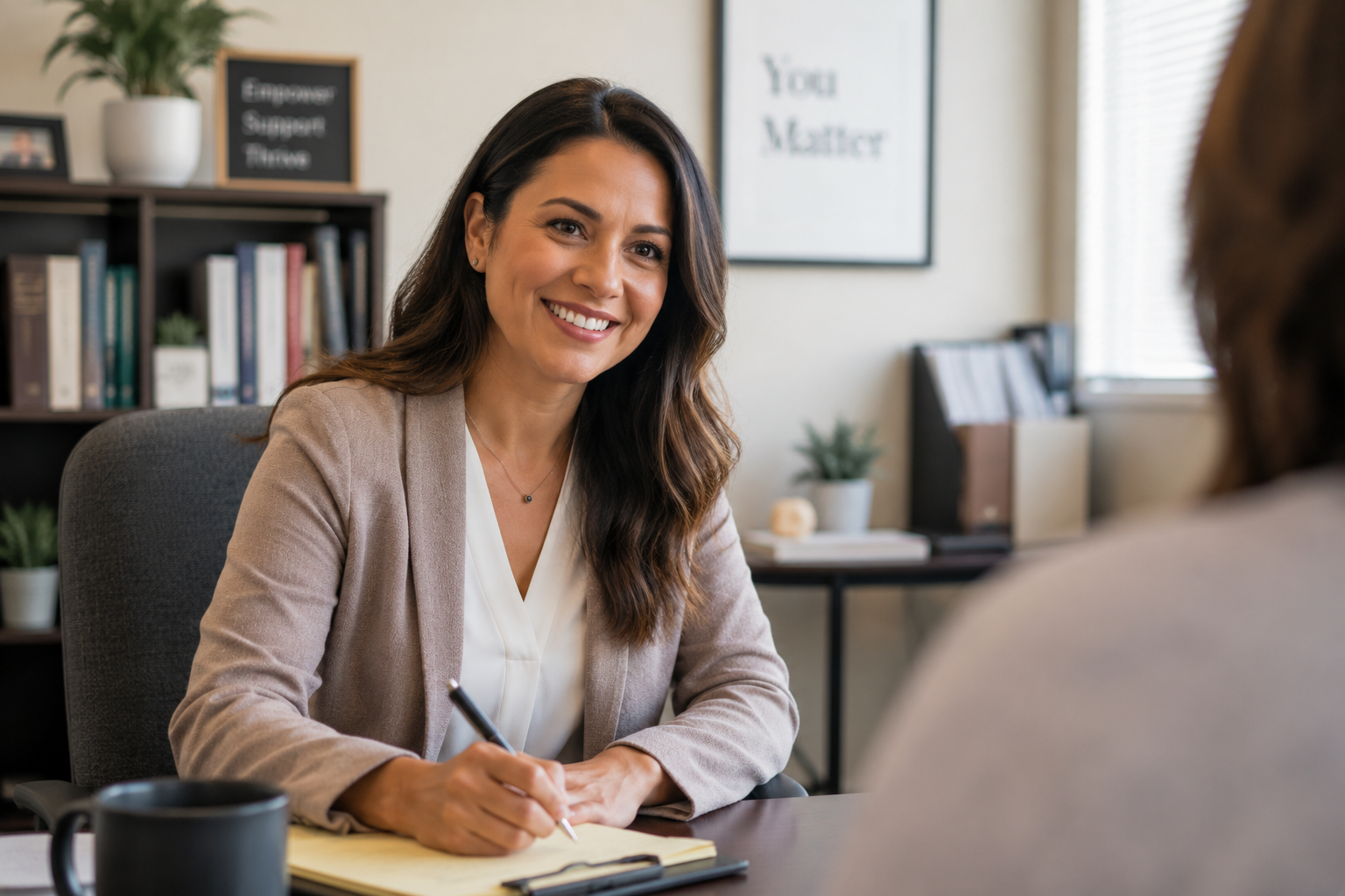 Professional social worker smiling warmly at her desk in a welcoming office