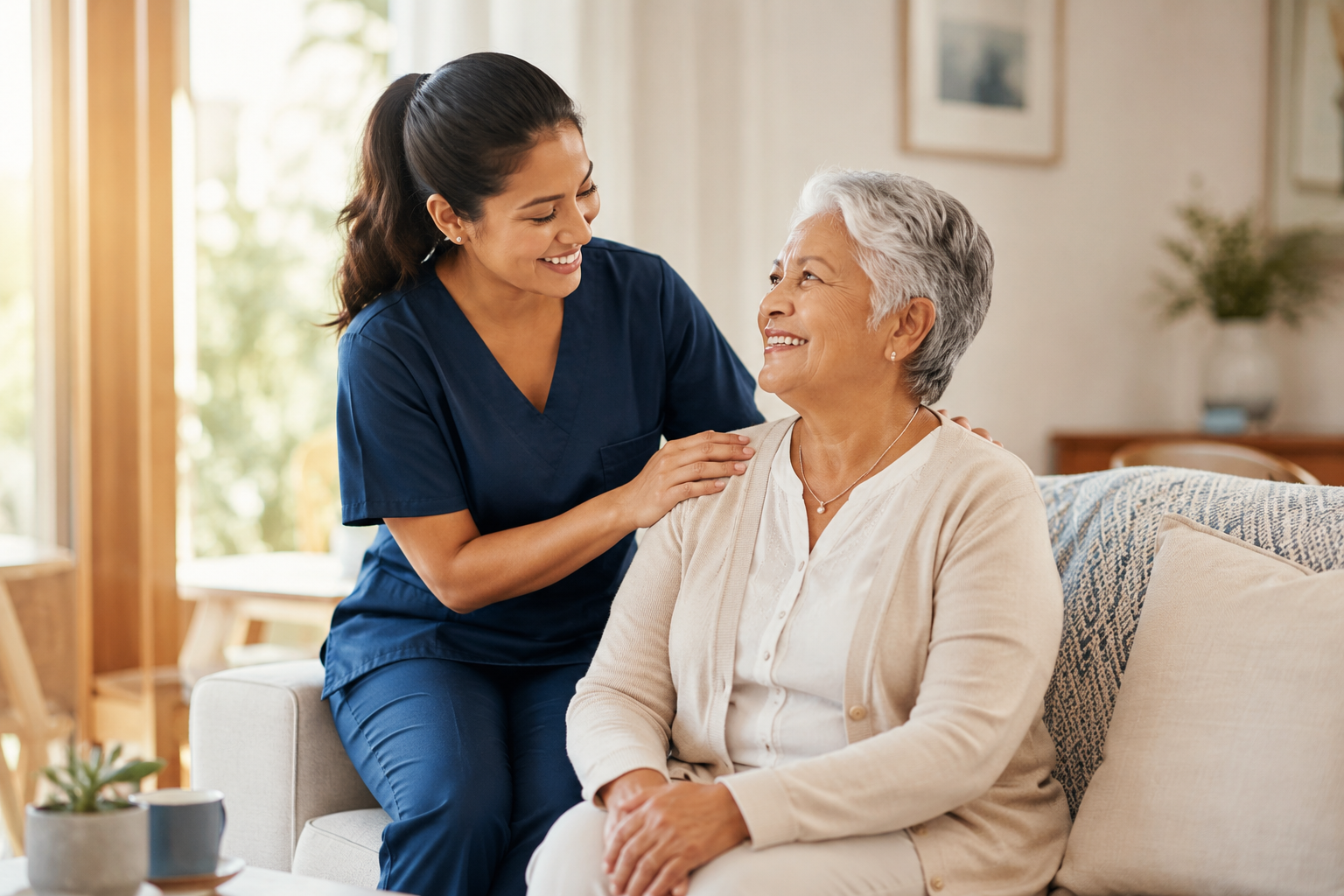 A warm moment between a professional caregiver and an elderly client at home in the Inland Empire, California