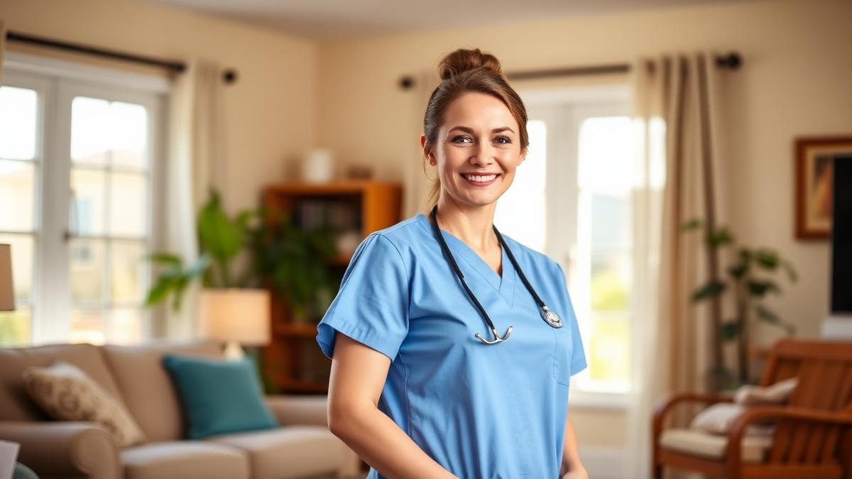 Professional caregiver in uniform smiling warmly, ready to support seniors in their home